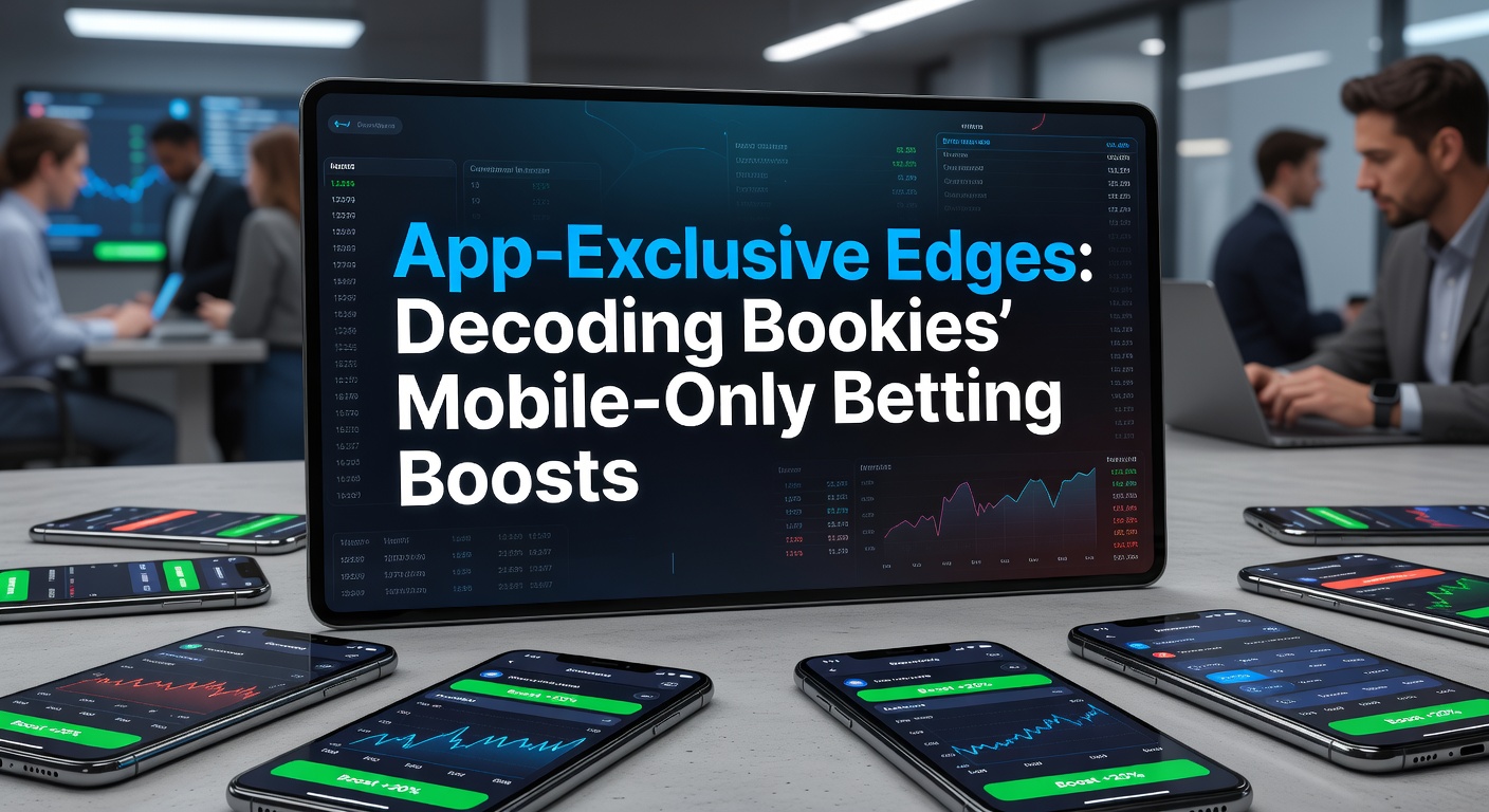 Smartphone mit Sportwetten-App im Vordergrund, umgeben von grafischen Boost-Elementen wie Blitz und Münzen, die app-exklusive Angebote symbolisieren