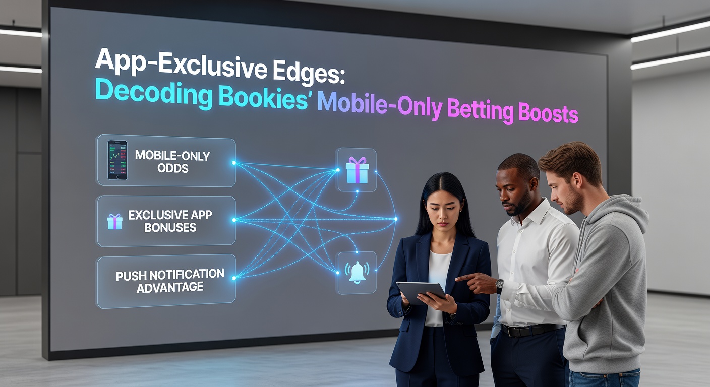 Grafik mit Vergleichstabelle von App- vs. Web-Quoten, Smartphones und Buchmacher-Logos, die den Vorteil mobil-exklusiver Boosts illustrieren