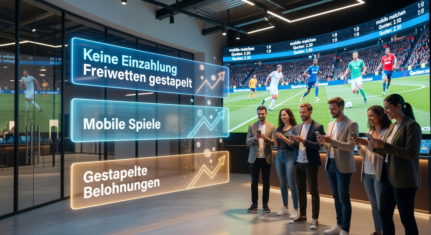 Grafik zeigt gestapelte Belohnungen mit No-Deposit-Freiwetten und Mobile-Matches auf einer deutschen Wettplattform